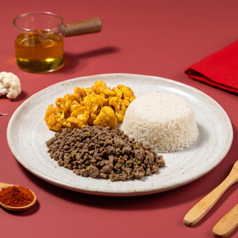 marmita - carne moída + arroz branco + couve-flor assada páprica