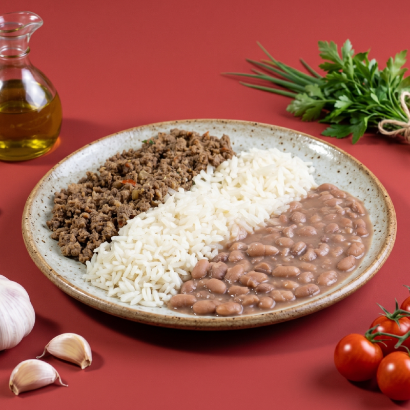 marmita - carne moída + arroz branco + feijão carioca