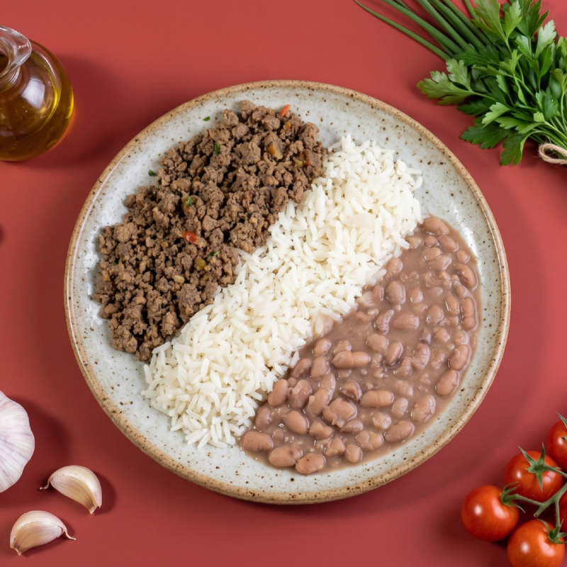 marmita - carne moída + arroz branco + feijão carioca