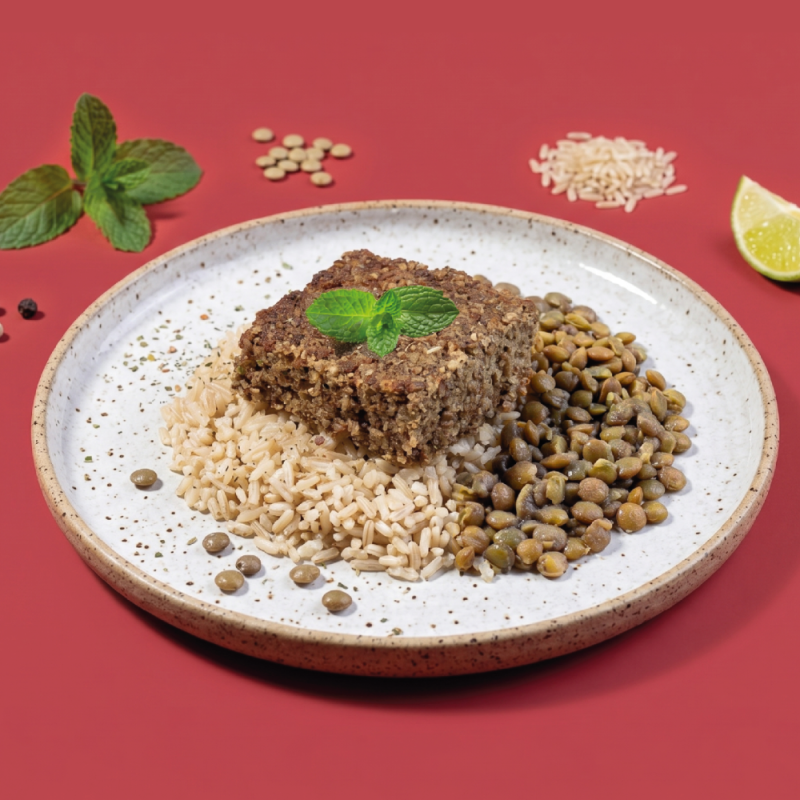 marmita - kibe assado + arroz integral + lentilha