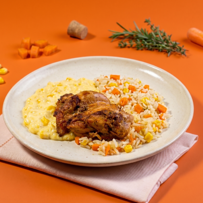 marmita - sobrecoxa de frango + arroz com cenoura e milho + creme de milho
