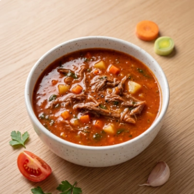 caldo de tomate com carne desfiada