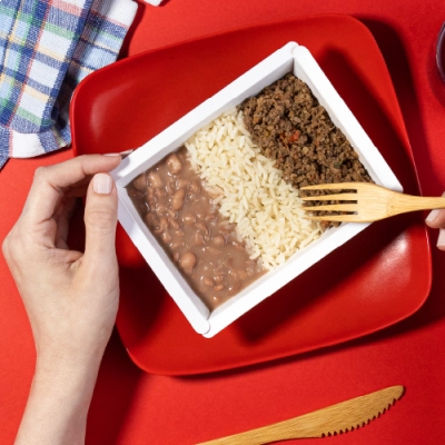 marmita - carne moída + arroz branco + feijão carioca