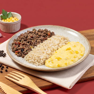 marmita - carne moída + arroz integral + creme de milho