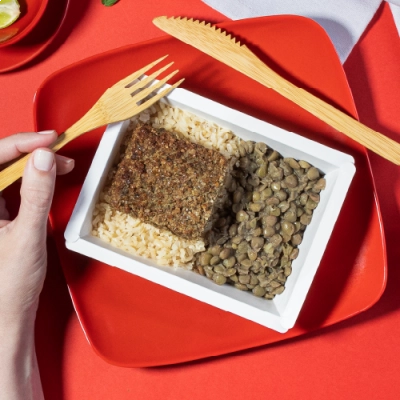 marmita - kibe assado + arroz integral + lentilha