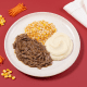 marmita - costela desfiada + arroz com cenoura e milho + purê de batata